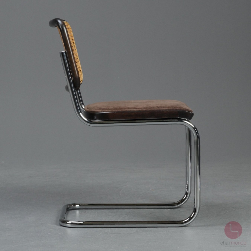 Preview: Thonet S32 SP Freischwinger Braun mit gepolsteter Sitzfläche und Geflecht Rückenlehne gebraucht