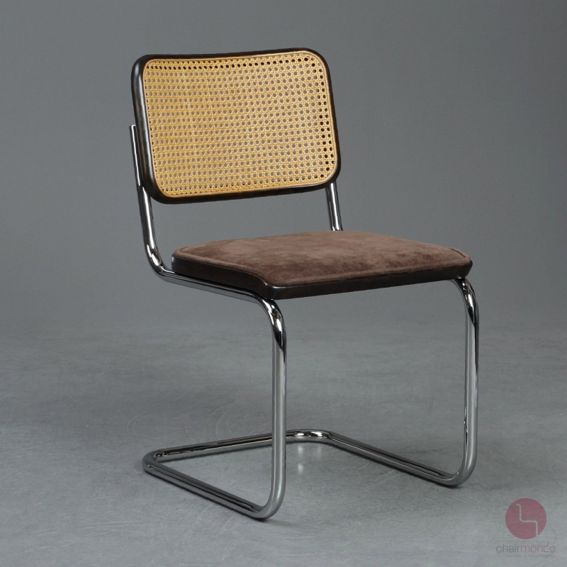 Preview: Thonet S32 SP Freischwinger Braun mit Geflecht Rücken und Stoffpolster Sitz gebraucht