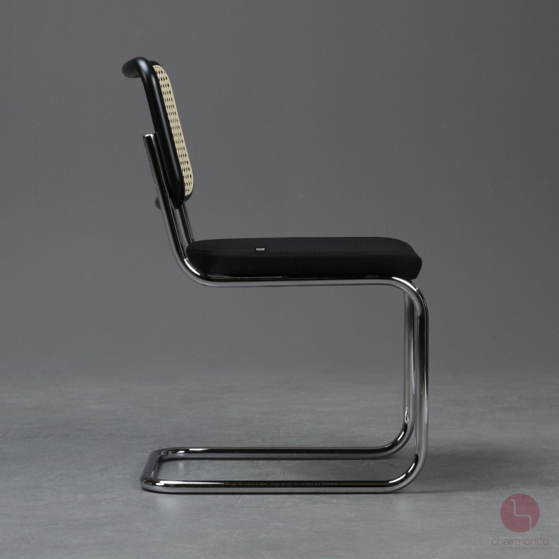 Preview: Thonet S32 SPV Freischwinger Schwarz mit Sitzpolster und Geflecht Rückenlehne gebraucht