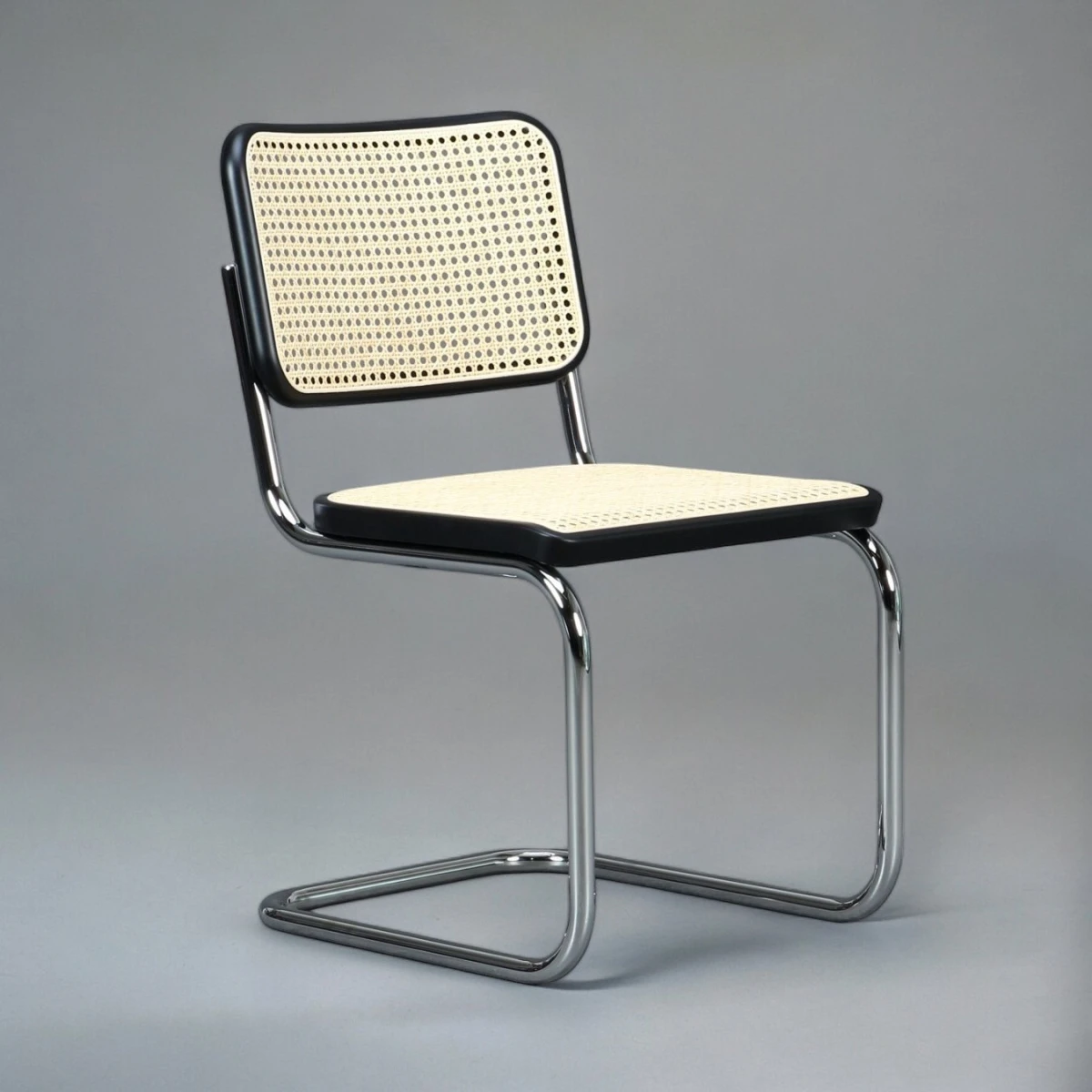 Thonet S 32 V Freischwinger mit Wiener Geflecht und Stützgewebe Schwarz TP29 verchromt