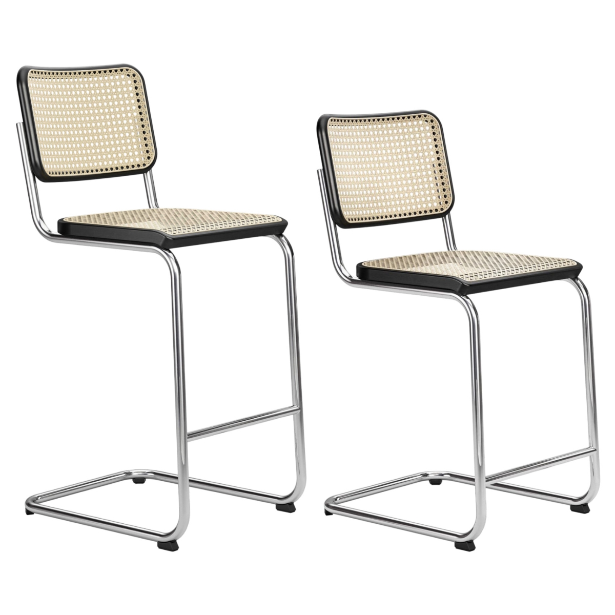 Thonet S32 VH und VHT mit Buchenholz scharz gebeizt, Geflecht natur und verchromtem Stahlrohr Gestell