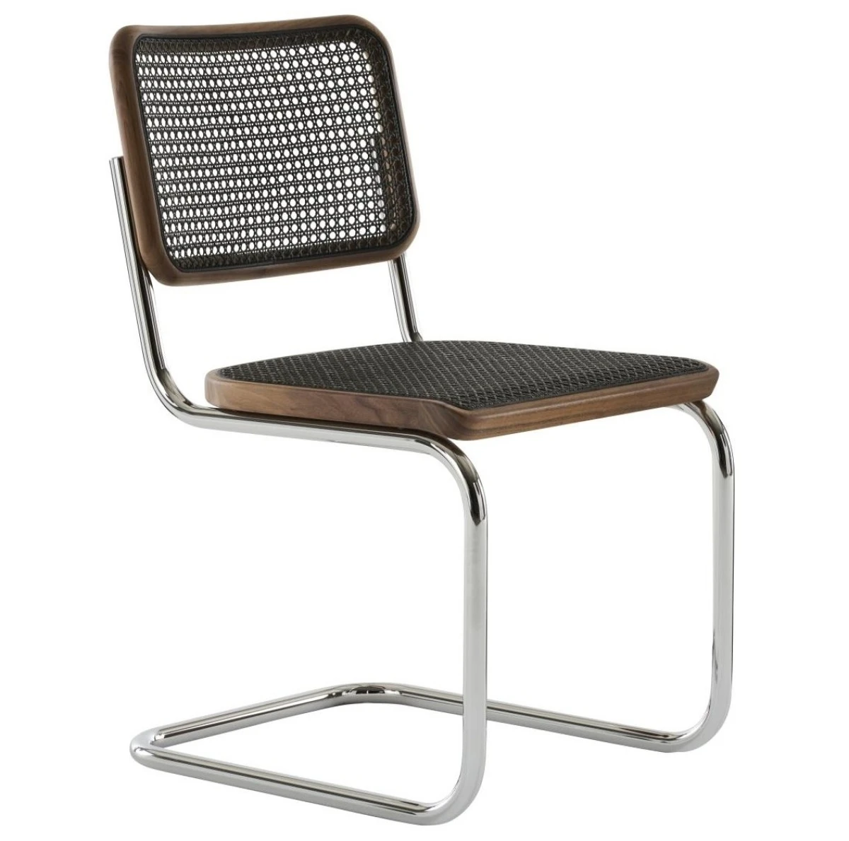 Thonet S32 V Freischwinger mit Dark Melange Geflecht, Nausbaum und verchromten Stahlrohr Gestell