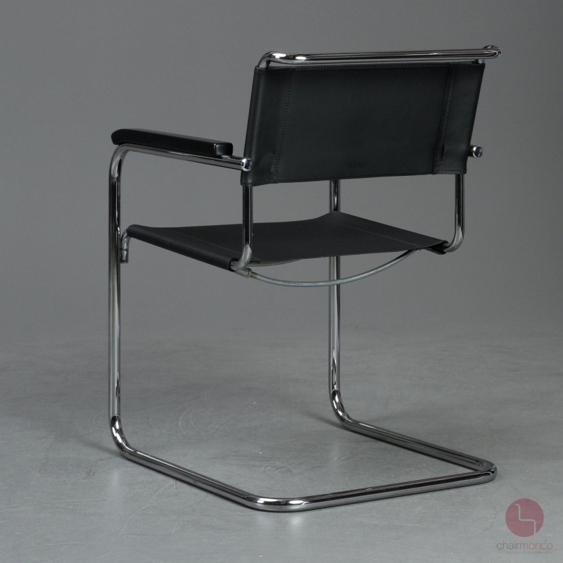 Preview: Thonet S34 Freischwinger mit erneuertem Leder Schwarz gebraucht