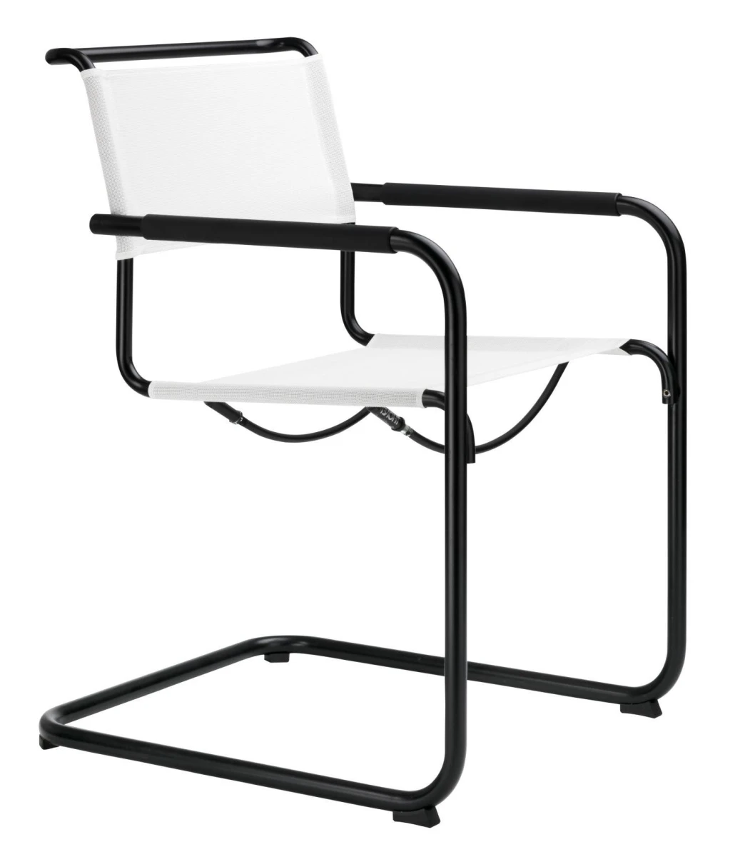 Thonet S34 Freischwinger Netzgewebe Weiß Elastomer Armauflagen Gestell Schwarz Vorderansicht