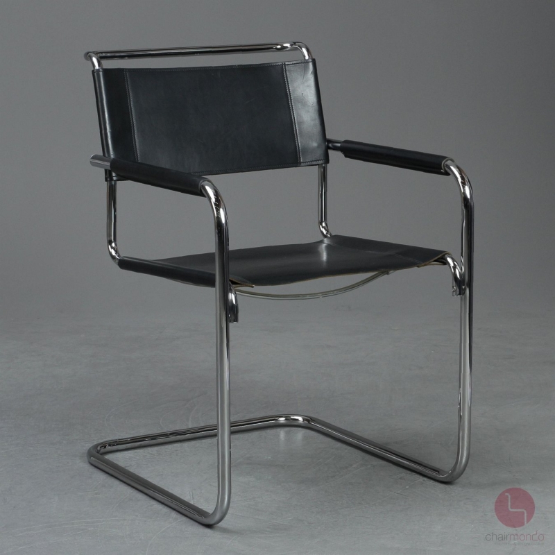 Preview: Thonet S34 Leder Schwarz Freischwinger mit Armlehnen gebraucht