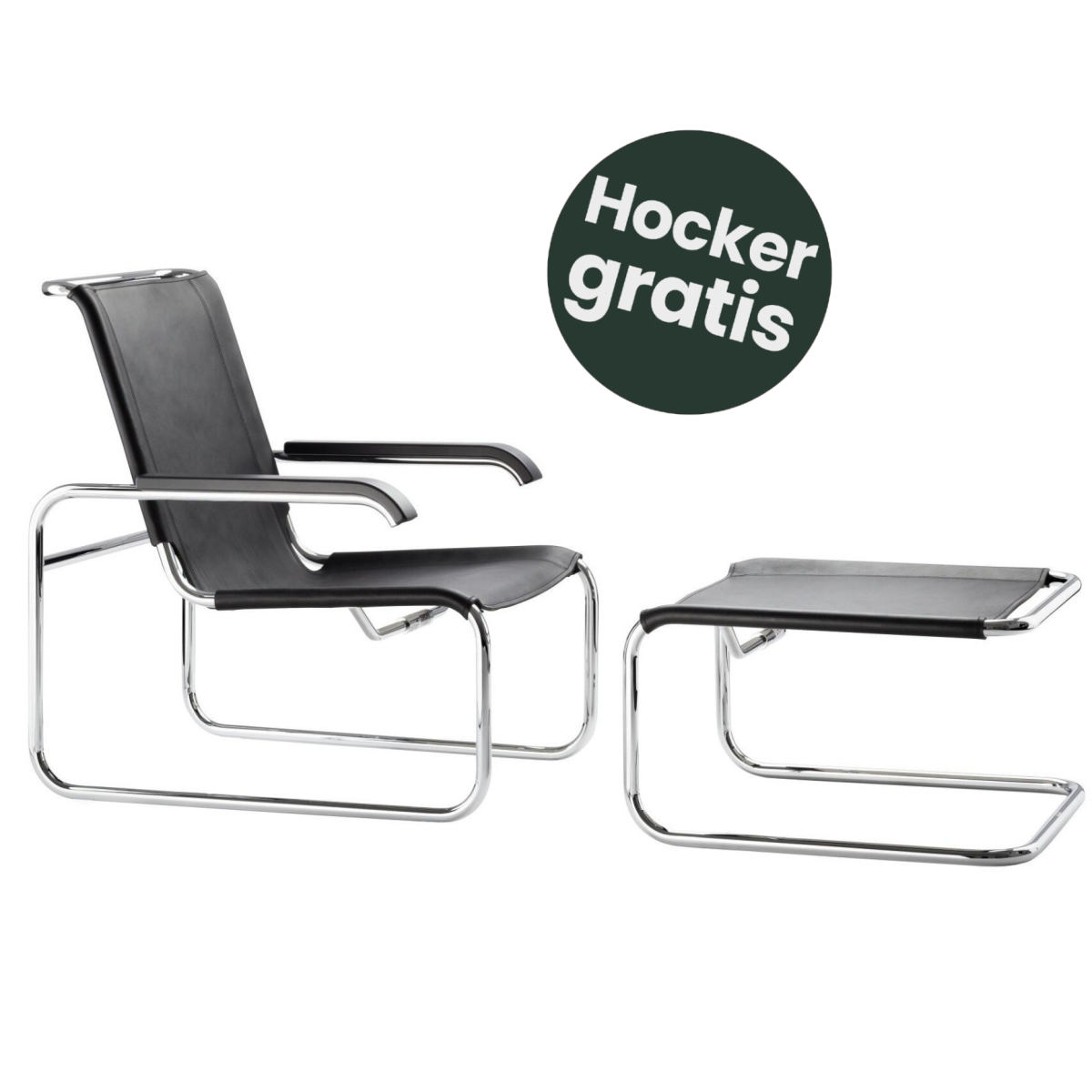 Preview: Thonet S35 L Freischwinger Sessel Leder mit Fußhocker l gratis Hocker