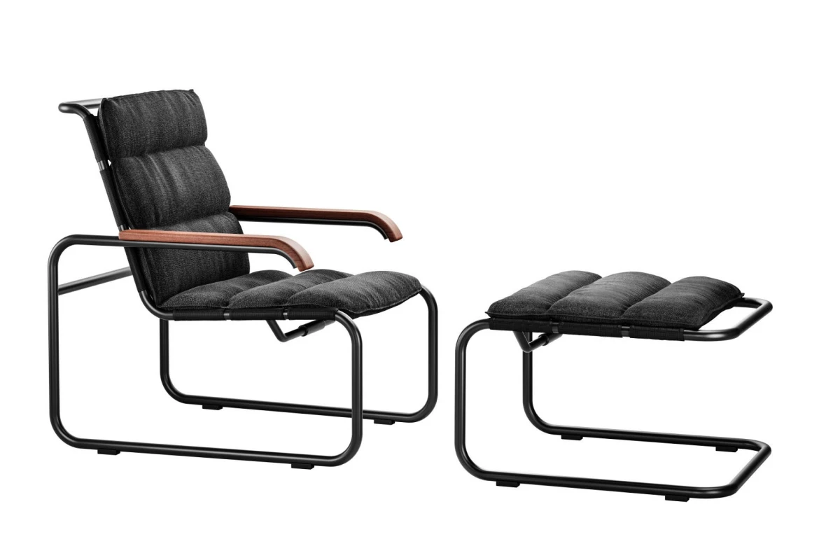 Thonet S35 N Outdoor mit Fußhocker mit Polsterung im Bundle Schwarz
