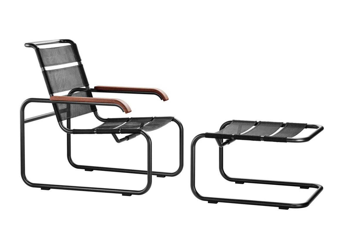 Thonet S35 N Outdoor mit Fußhocker und Polsterung im Bundle Schwarz