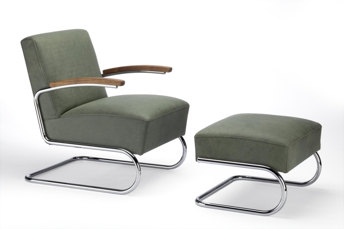Preview: Thonet S411 Leder Sessel Pure Materials mit Hocker im Set