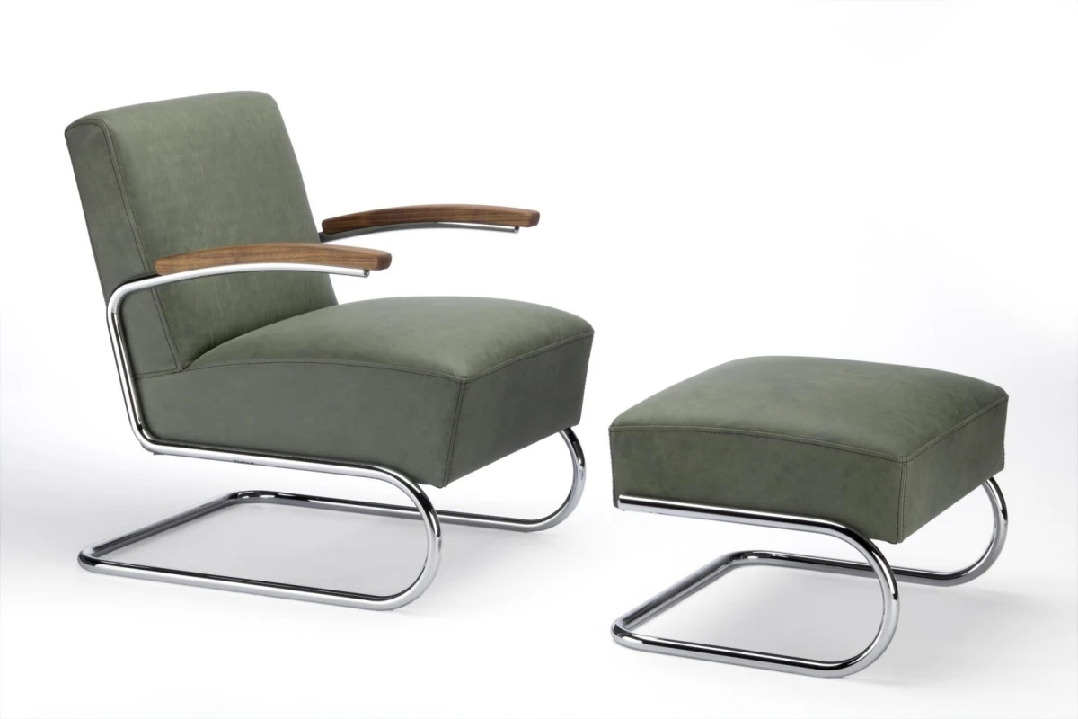 Thonet S411 Nubukleder Grün + mit Eiche Armlehnen