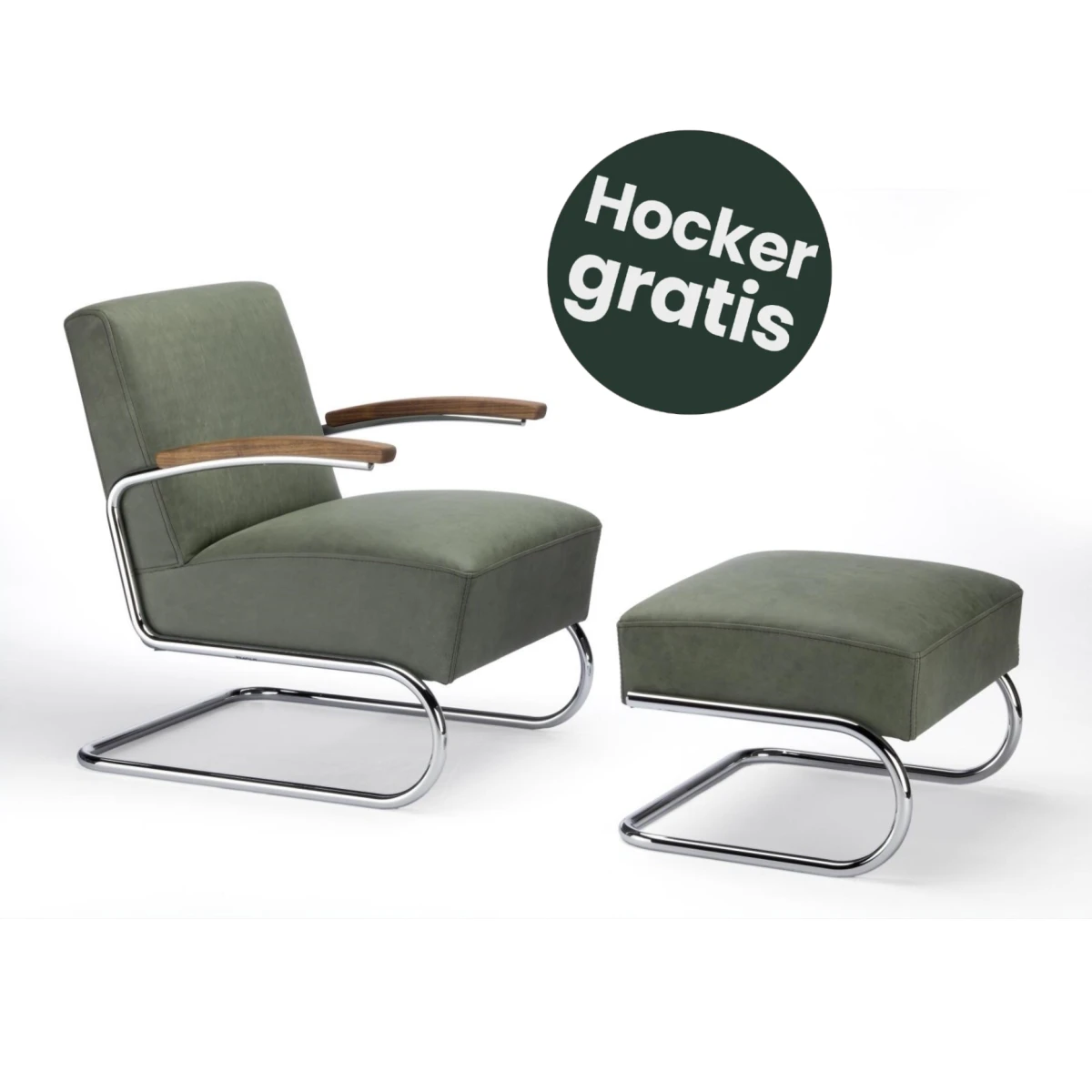 Thonet S411 Nubukleder Grün + mit Eiche Armlehnen Aktion bis 15. Mai Hocker inklusive