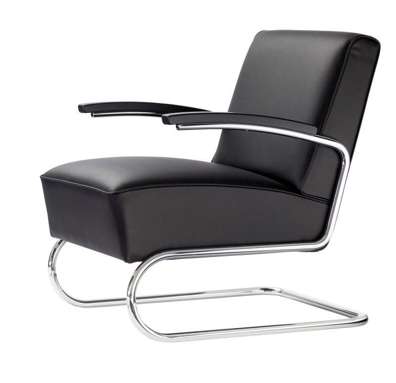 Preview: Thonet S411 Leder Nero Schwarz, Gestell verchromt