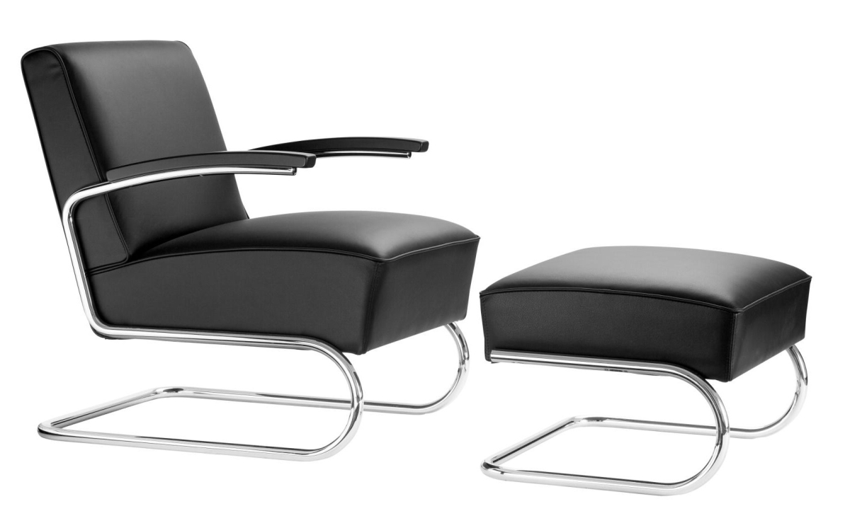 Preview: Thonet S411 Leder Sessel mit Hocker im Set