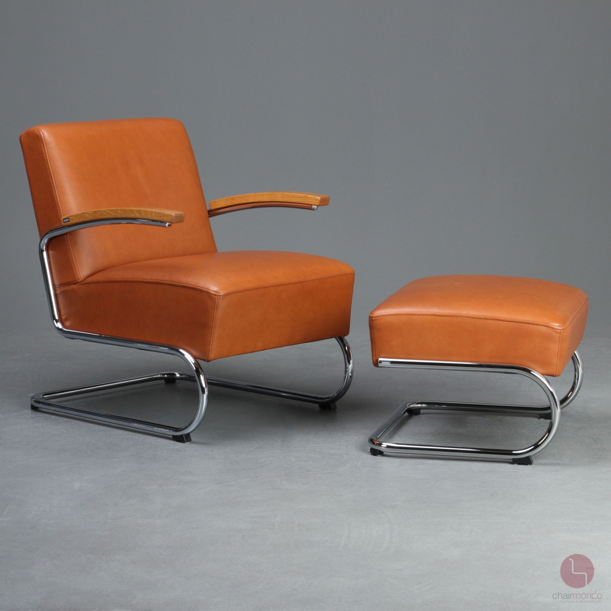 Preview: Thonet S411 Freischwinger Sessel Cognac Pure Materials Leder + Ottoman gebraucht