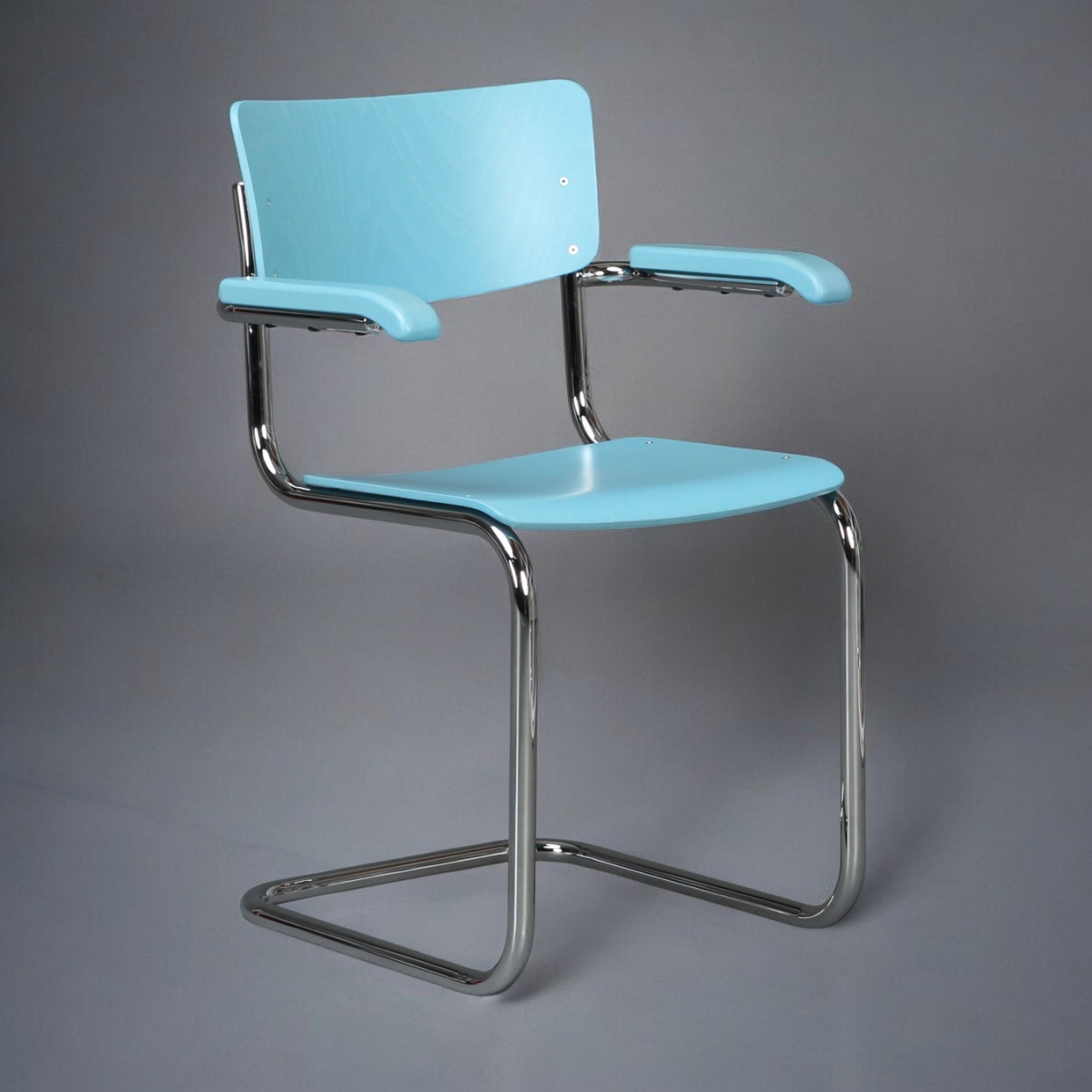 Preview: Thonet S43 F Freischwinger Stuhl mit Armlehnen - bunte Farben Stahlrohr verchromt