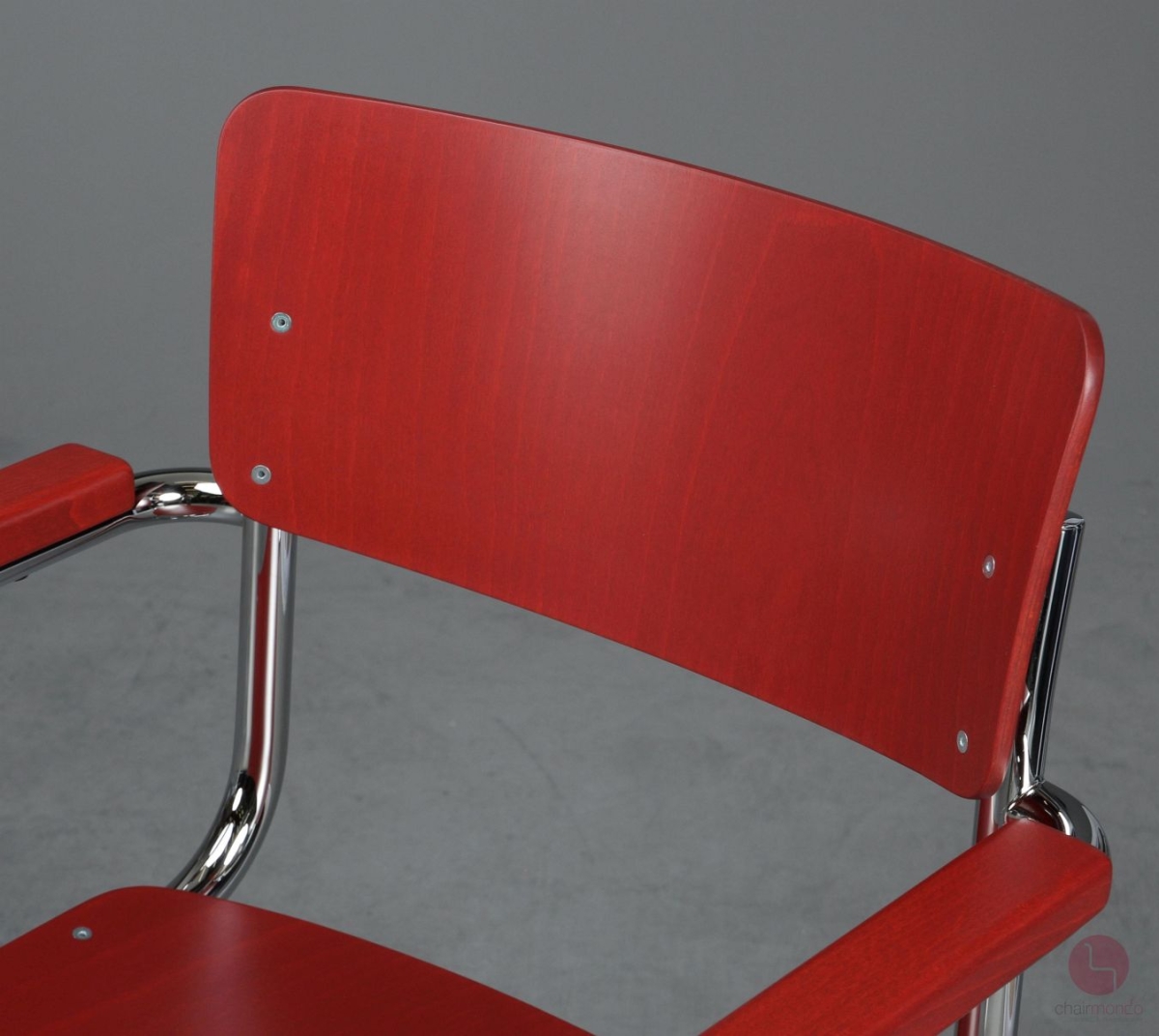 Preview: Thonet S43F Freischwinger mit Amlehnen Sitzfläche tomatenrot (RAL 3013) Gestell chrom Rückansicht