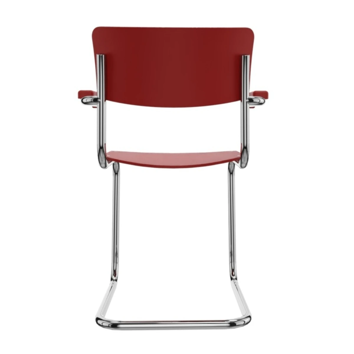 Thonet S43F Freischwinger mit Amlehnen Sitzfläche tomatenrot (RAL 3013) Gestell chrom Rückansicht