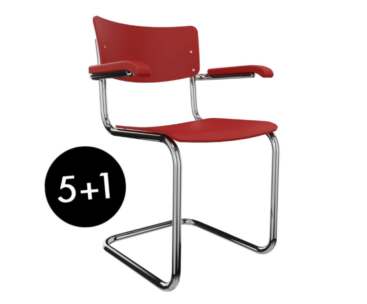 Thonet S43 F Freischwinger mit Armlehnen Rücken- und Sitzfläche tomatenrot lackiert Gestell chrom