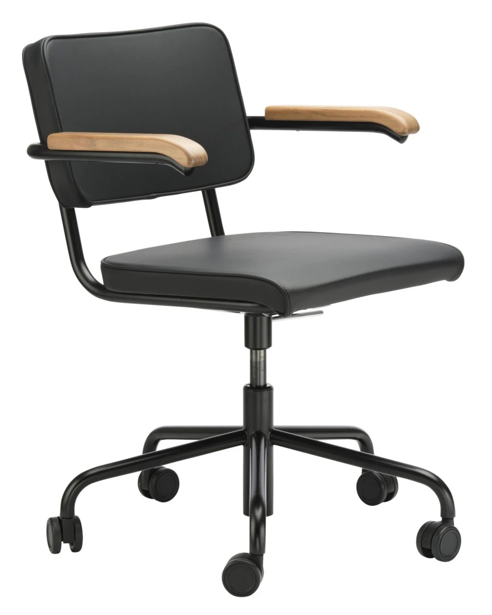 Thonet S64 PVDR Drehstuhl Leder Nussbaum schwarz Seitenansicht