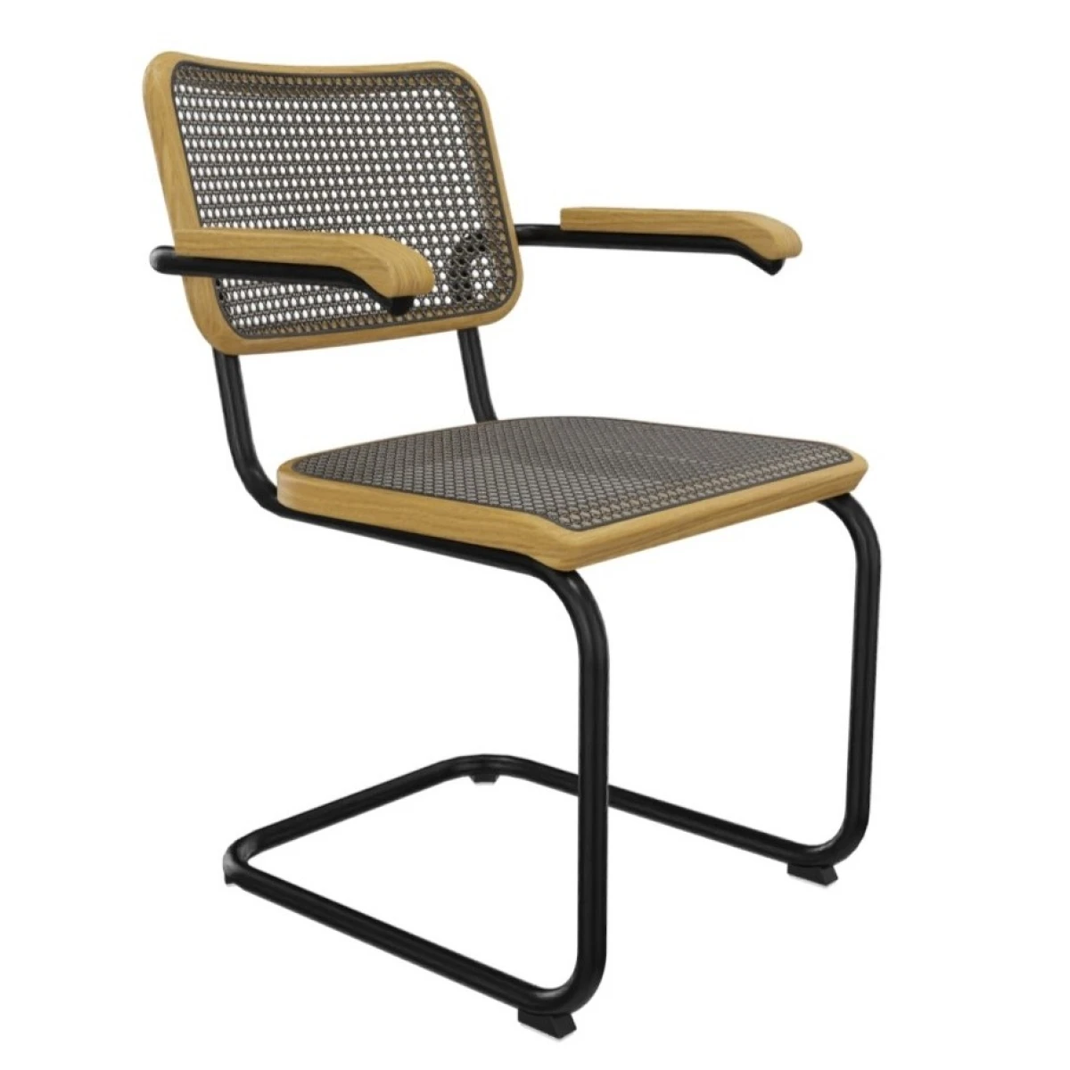 Thonet S64V Bauhaus Freischwinger mit Dark Melange Geflecht aus Eiche und schwarz beschichtetem Stahlrohr