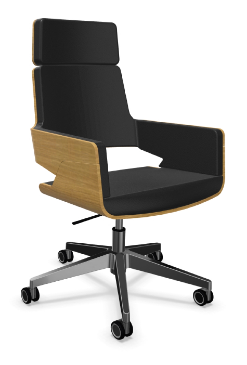 Preview: Thonet S845 DRWE Bürostuhl aus Eiche mit schwarzem Lederbezug