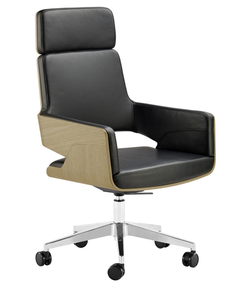 Preview: Thonet S845 DRWE Bürostuhl aus aufgehellter Eiche mit schwarzem Lederbezug