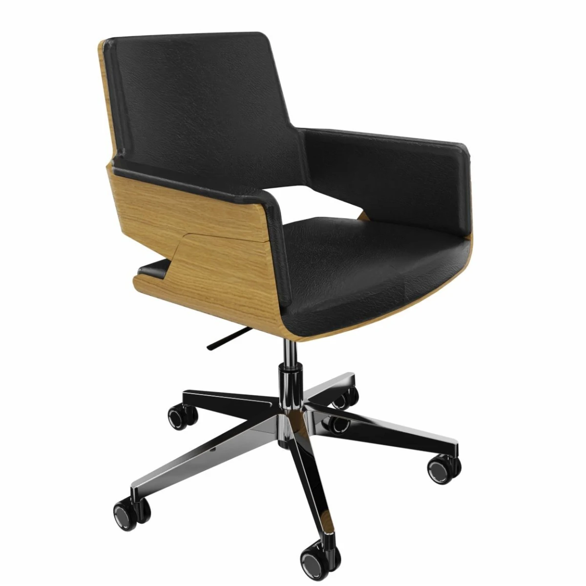 Thonet S845 PVDRW Bürostuhl aus Eiche mit schwarzem Lederbezug