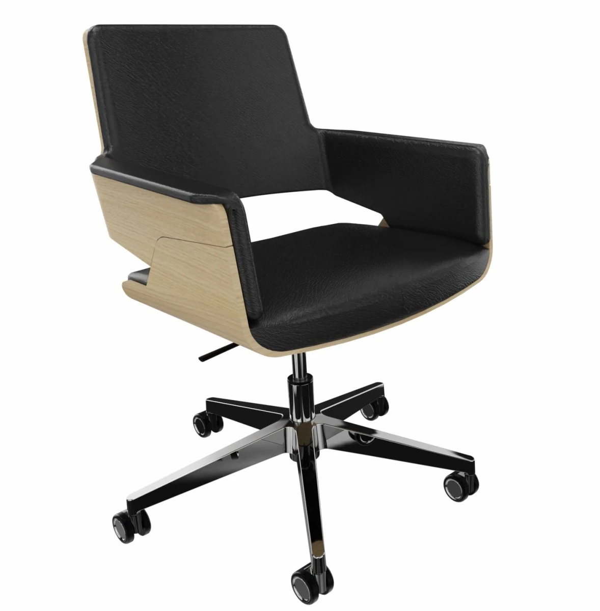 Thonet S845 PVDRW Bürostuhl aus aufgehellter Eiche mit schwarzem Lederbezug