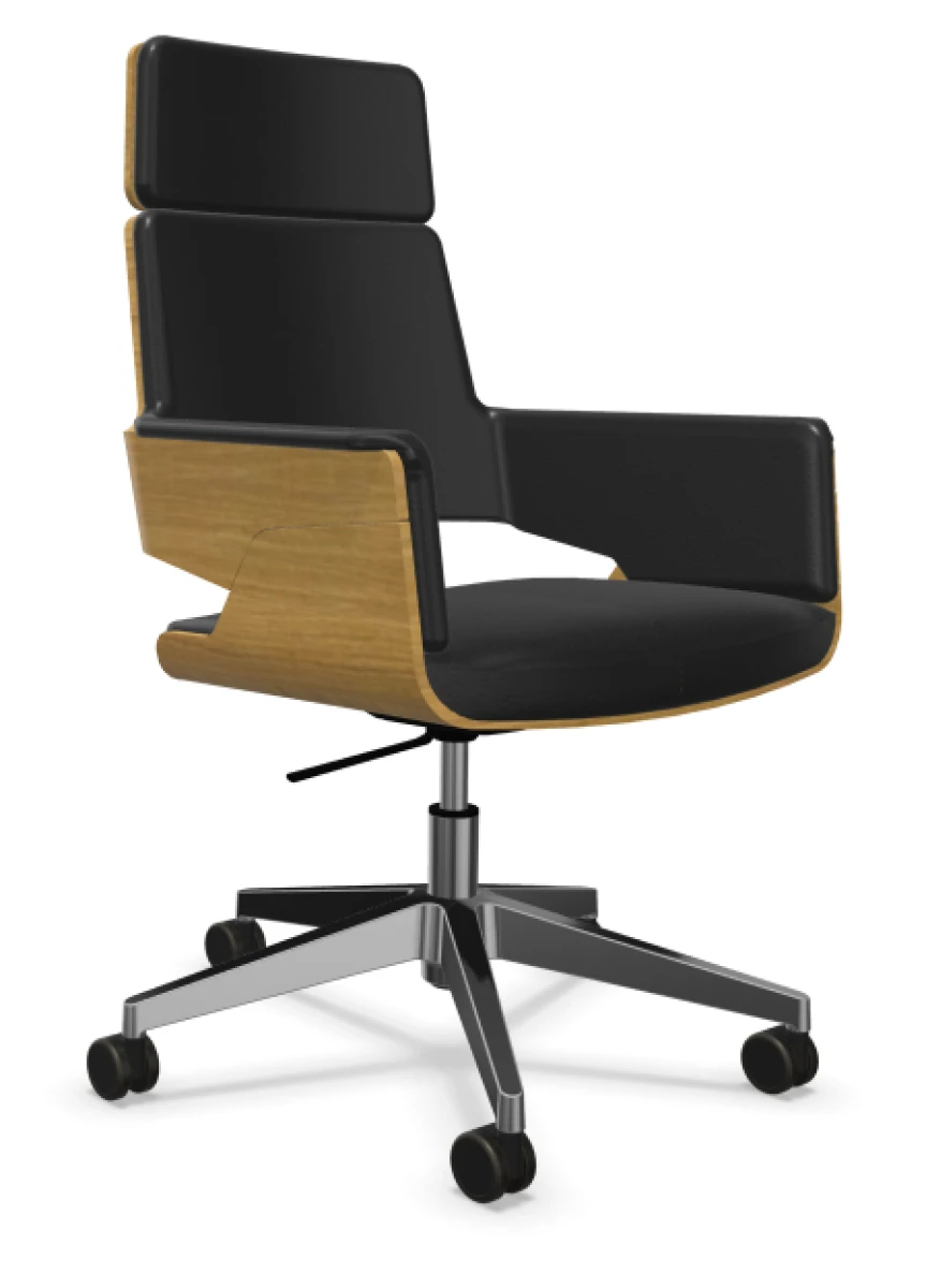 Thonet S845 PVDRWE Bürostuhl aus Eiche mit Lederbezug in den Farben Latte und Schwarz