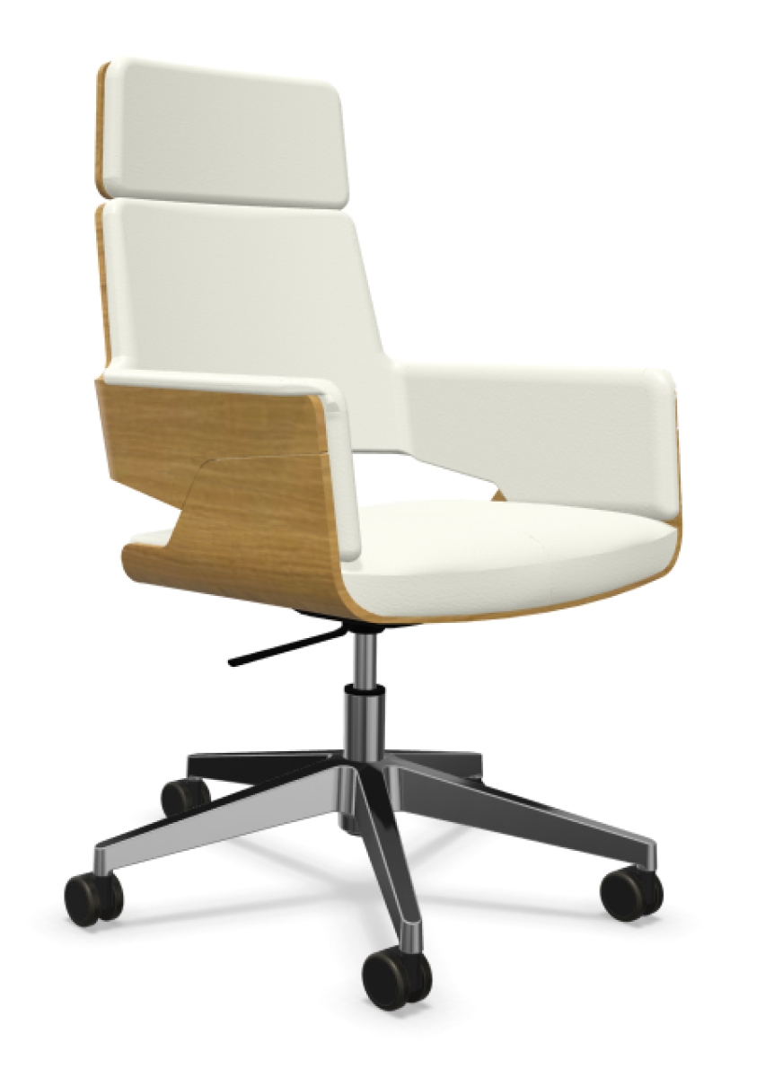 Preview: Thonet S845 PVDRWE Bürostuhl aus Eiche mit Lederbezug in den Farben Latte und Weiß