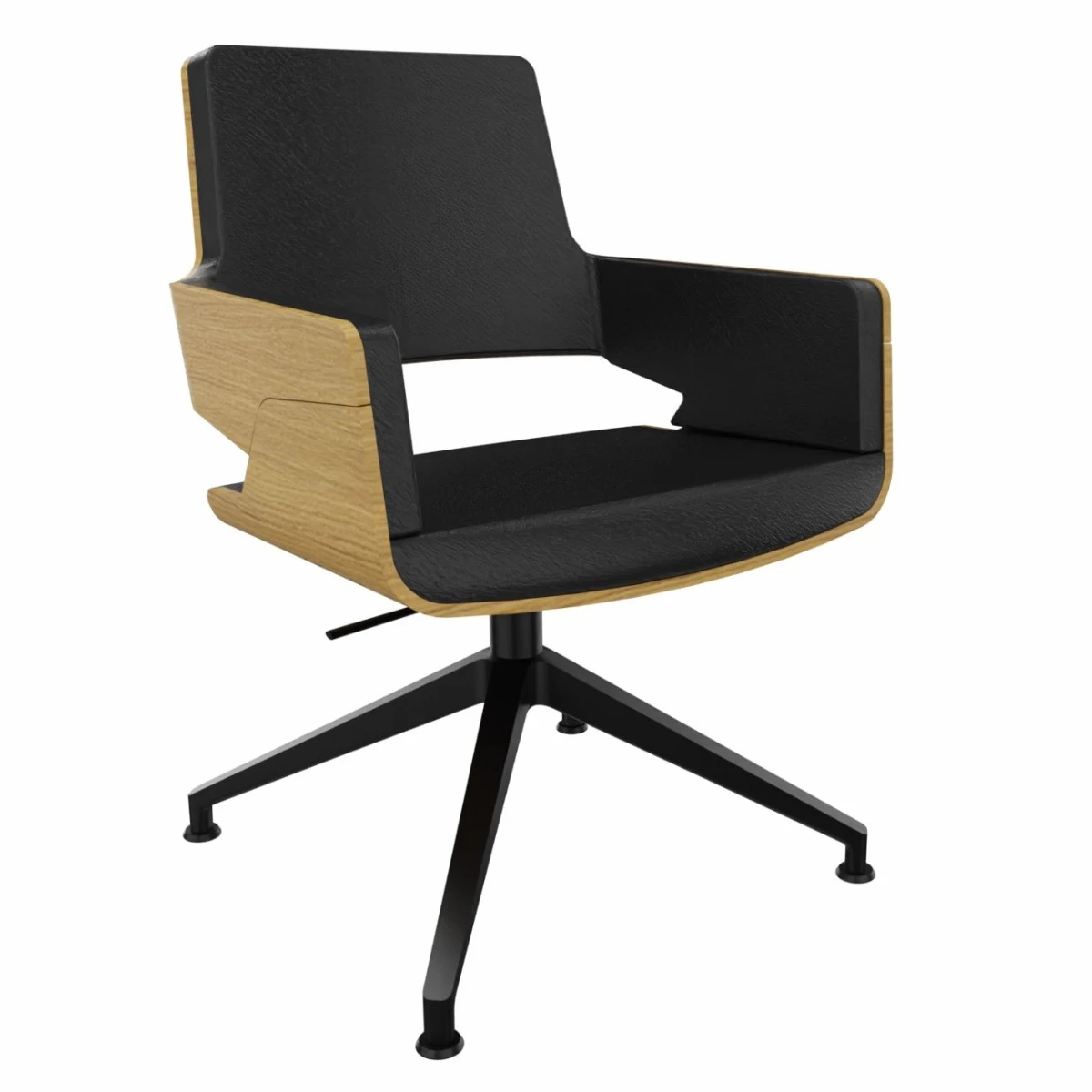 Thonet S847 D Drehstuhl aus Eiche mit schwarzem Lederbezug