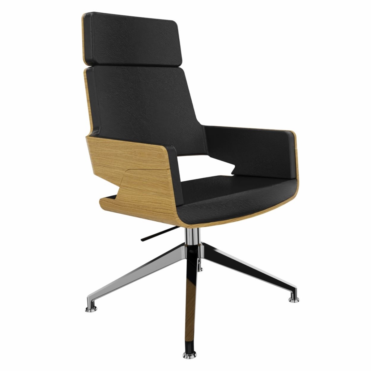 Preview: Thonet S847 DE Drehstuhl aus Eiche mit schwarzem Lederbezug Edelstahloptik-Gestell