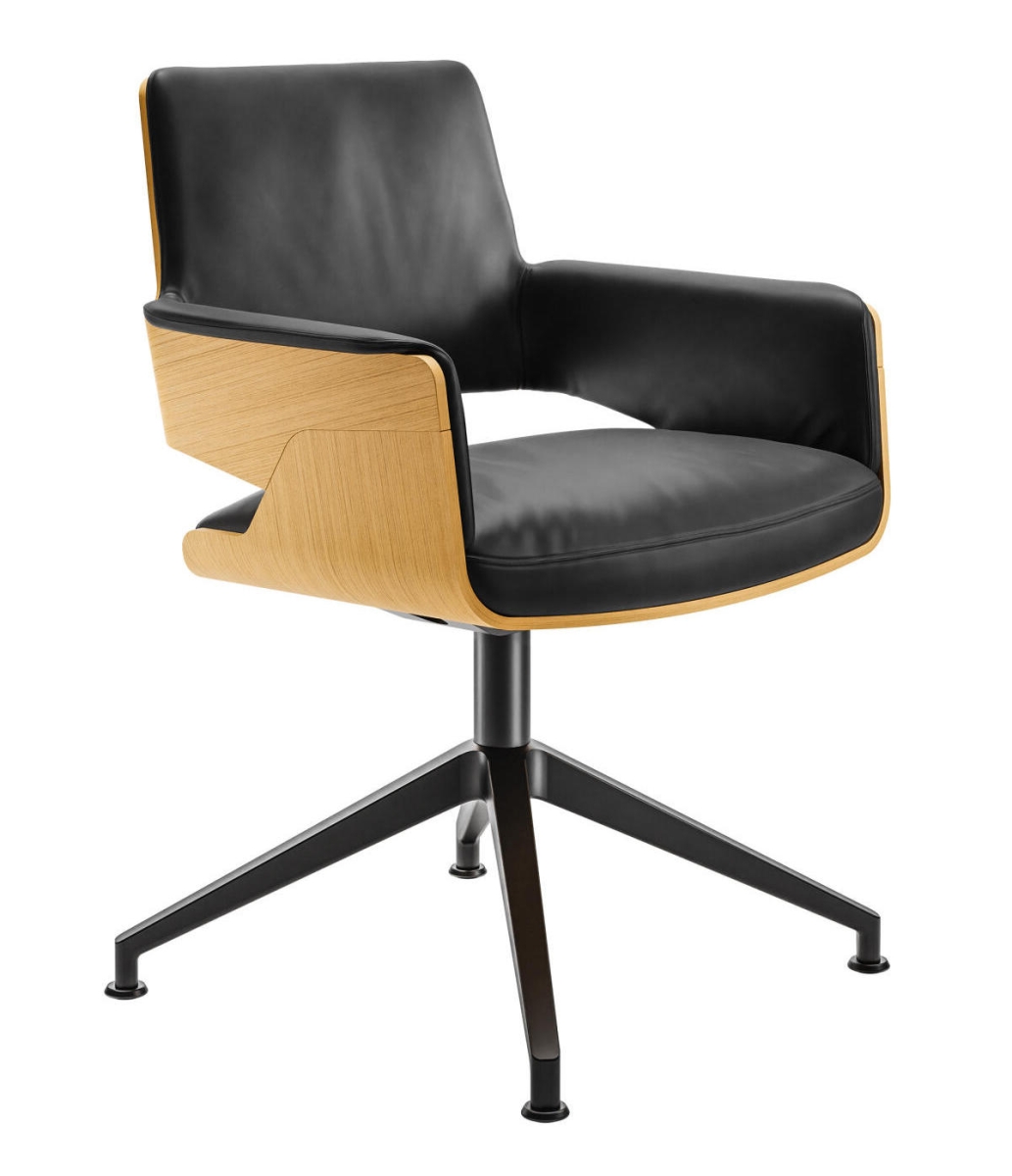 Preview: Thonet S847 PVD Bürostuhl aus aufgehellter Eiche mit schwarzem Lederbezug