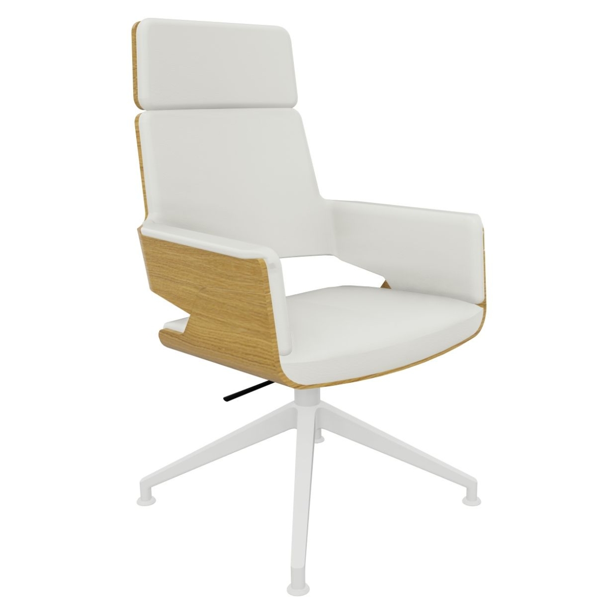 Preview: Thonet S847 PVDWE Drehstuhl aus Eiche mit Latte-Lederbezug und weißem Gestell.