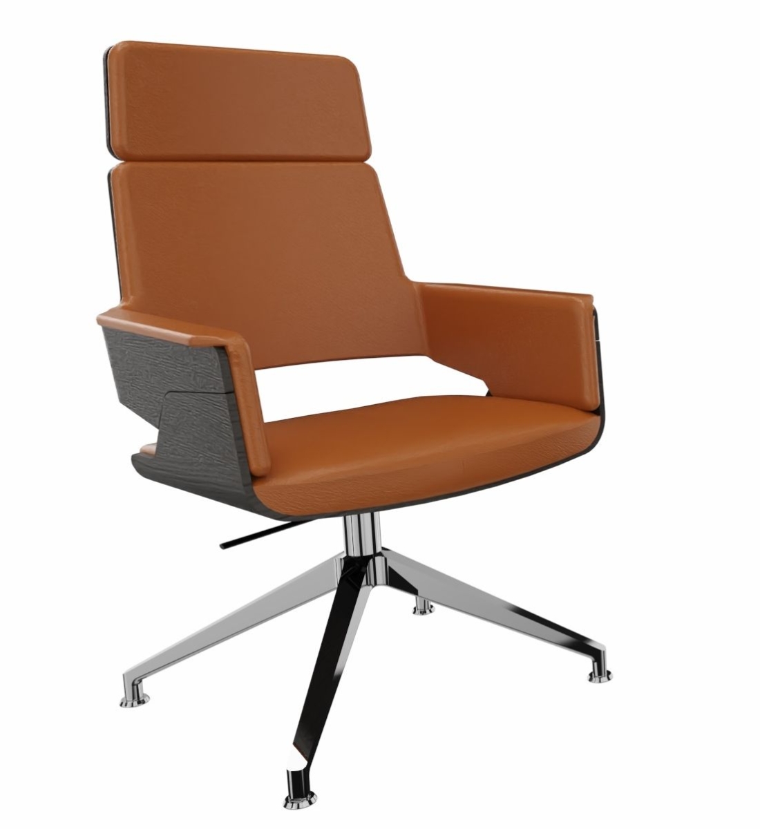 Preview: Thonet S847 PVDWE Drehstuhl aus Eiche mit schwarzem Lederbezug und orangen Akzenten, verchromtes Gestell