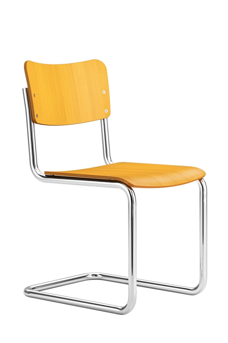 Preview: Thonet S43 K Kinderstuhl Freischwinger Stahlrohr verchromt l 5+1 Aktion Preview: Thonet S43 K Bernsteingelb Vorderansicht