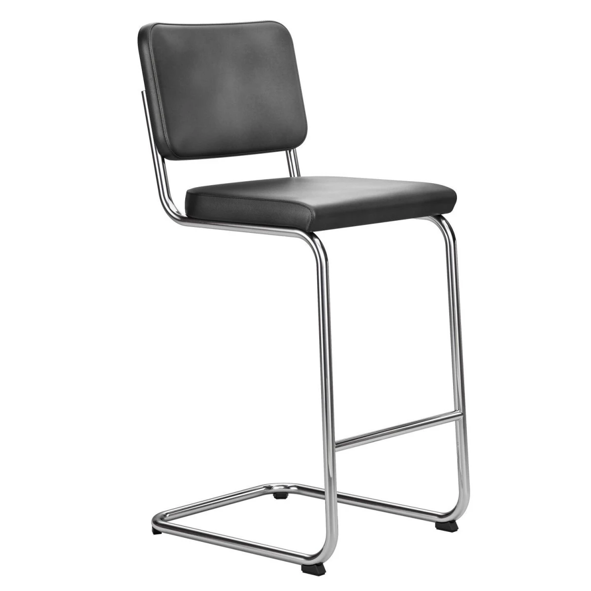 Thonet S32 PVHT Barhocker in Schwarz, Modell T29, Leder, Seitenansicht.
