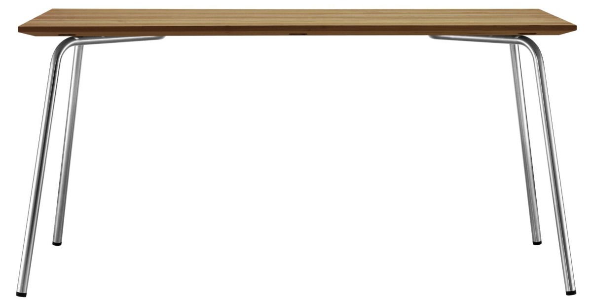 alttexte : Thonet_s1040_seitenansicht.jpeg ChatGPT: Thonet S 1040 Gartentisch – Seitenansicht mit massivem Iroko-Holz und Stahlrohrgestell