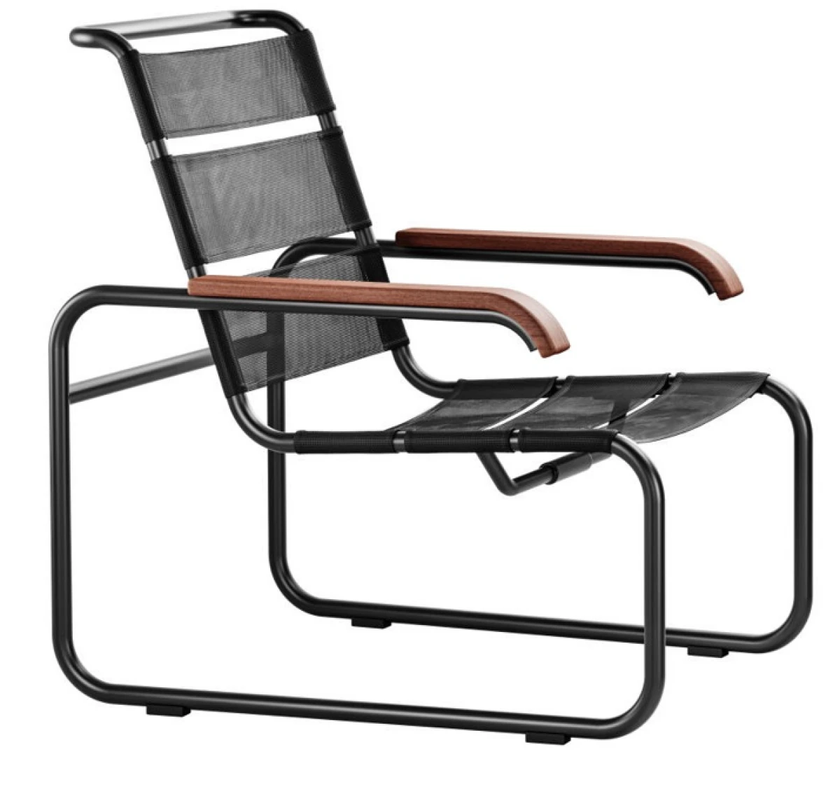 Thonet Stuhl S35 N All season schwarz netz mit iroko Armlehnen Vorderansicht