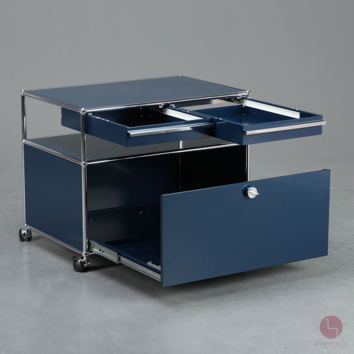 Preview: USM Haller Medienboard in Stahlblau mit zwei Schubladen und Schubfach gebraucht