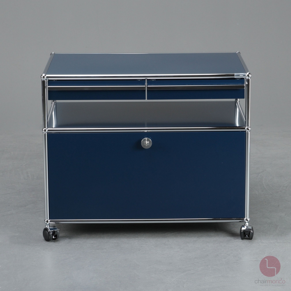 Preview: USM Haller Medienboard in Stahlblau mit zwei Schubladen und Schubfach gebraucht