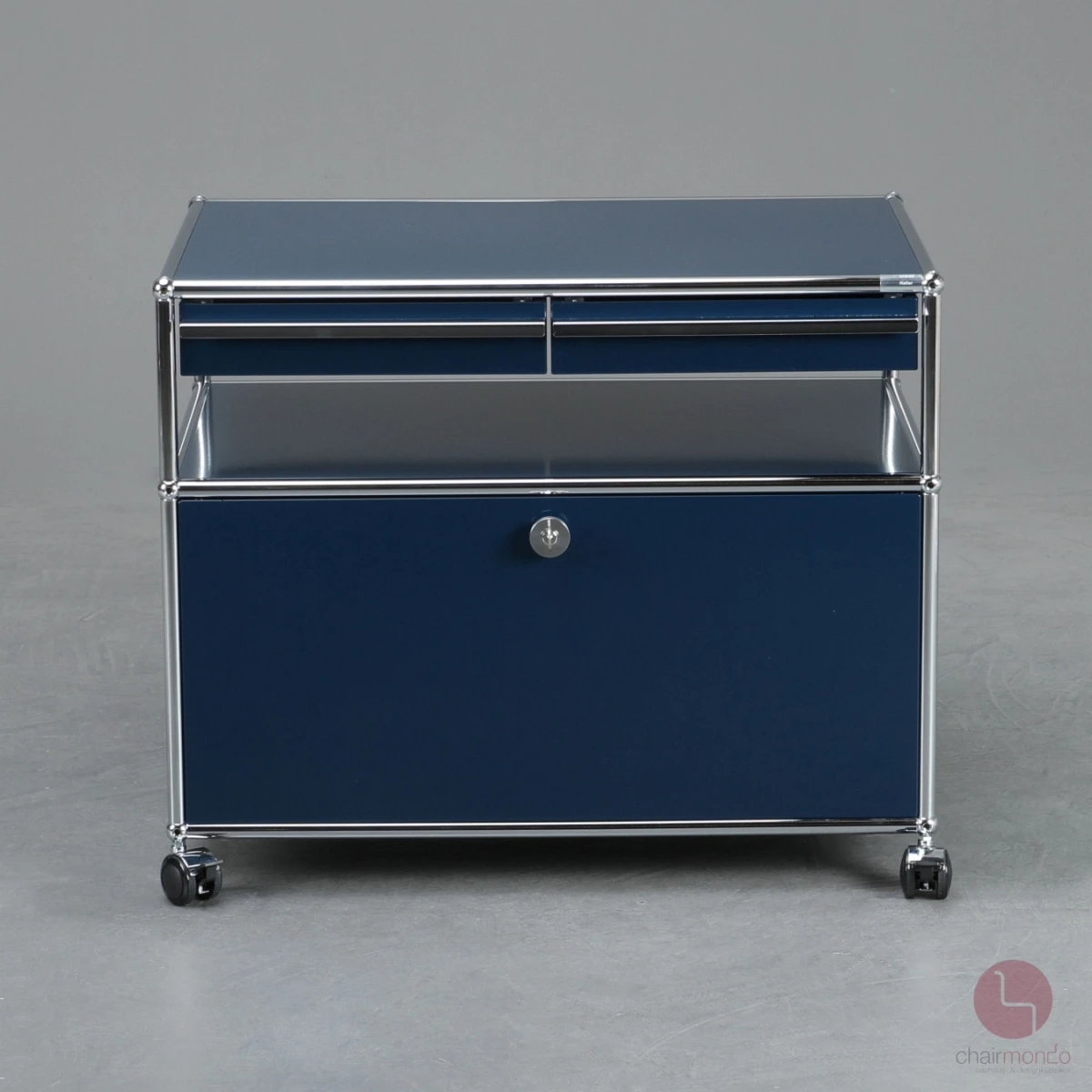 USM Haller Medienboard in Stahlblau mit zwei Schubladen und Schubfach gebraucht