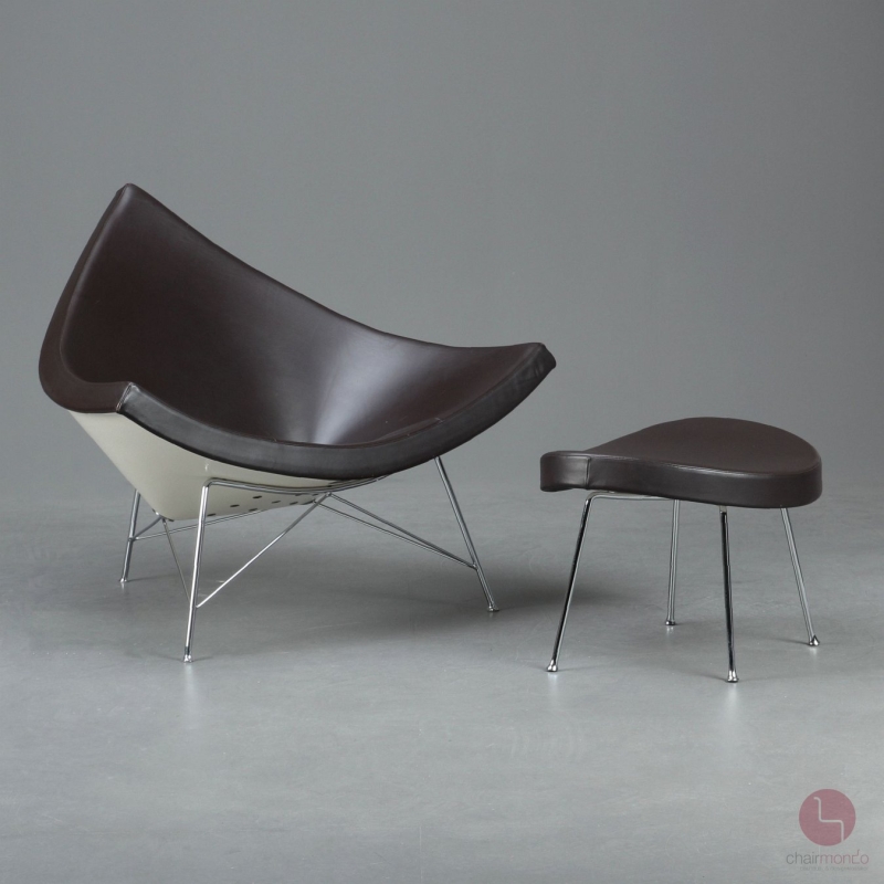 Preview: Vitra Coconut Chair mit Hocker Lounge Sessel Leder Braun Schale Weiß gebraucht