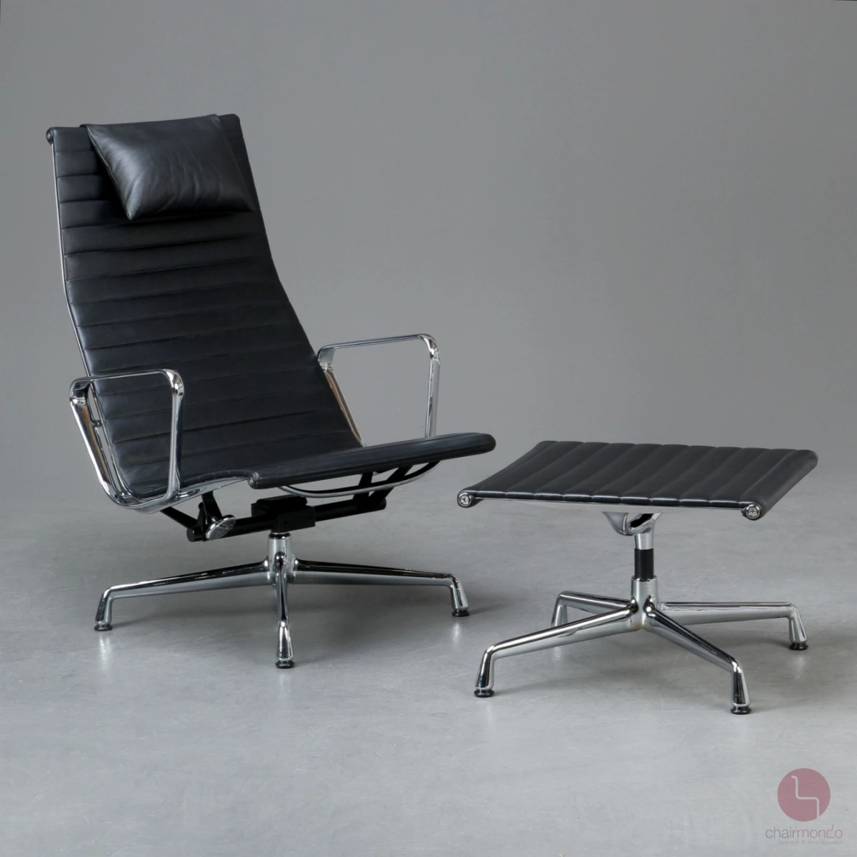 Vitra EA 124 + EA 125 Lounge Sessel mit Ottoman Leder Schwarz