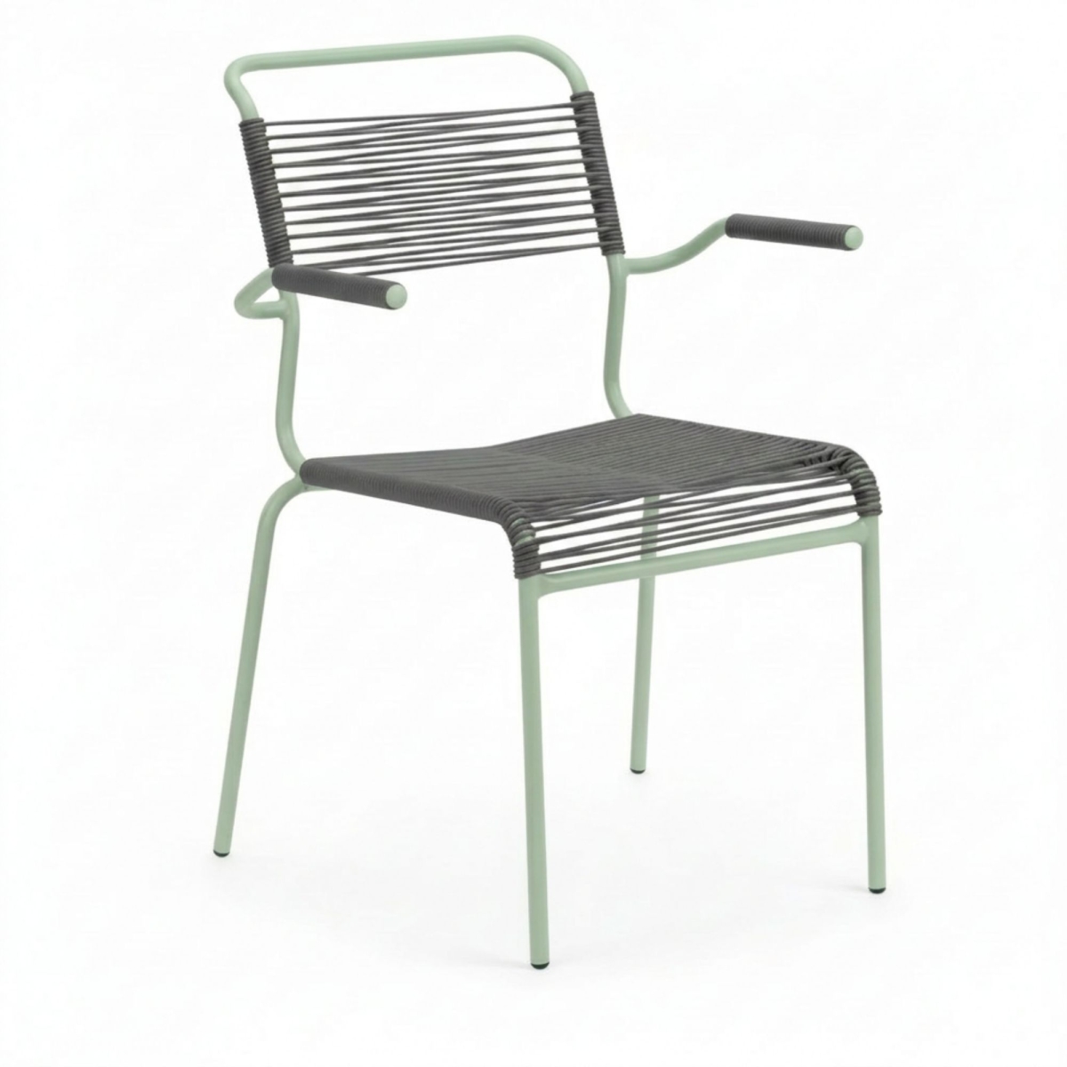 Preview: Schaffner Säntis Spaghetti Stuhl mit anthrazit farbenem OceanYarn und pastellgrünem Gestell aus Stahlrohr