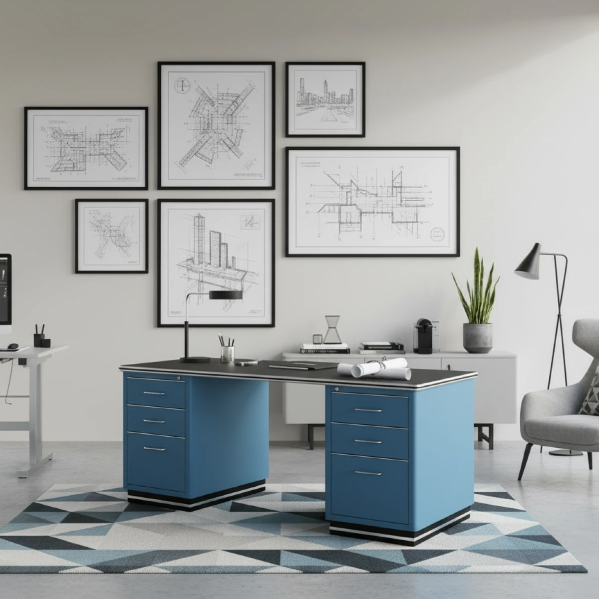 müller möbelfabrikation TB228 Stahl Schreibtisch in türkis seidenmatt Interieur