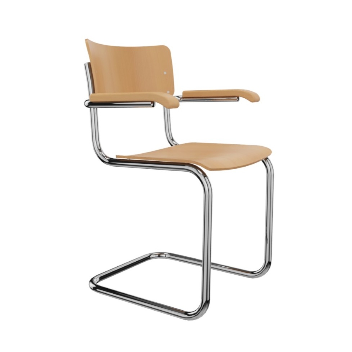 Preview: Thonet S 43 F Freischwiunger aus Eiche mit Armlehnen, Sitzfläche Eiche klar lackiert, Gestell Stahlrohr verchromt