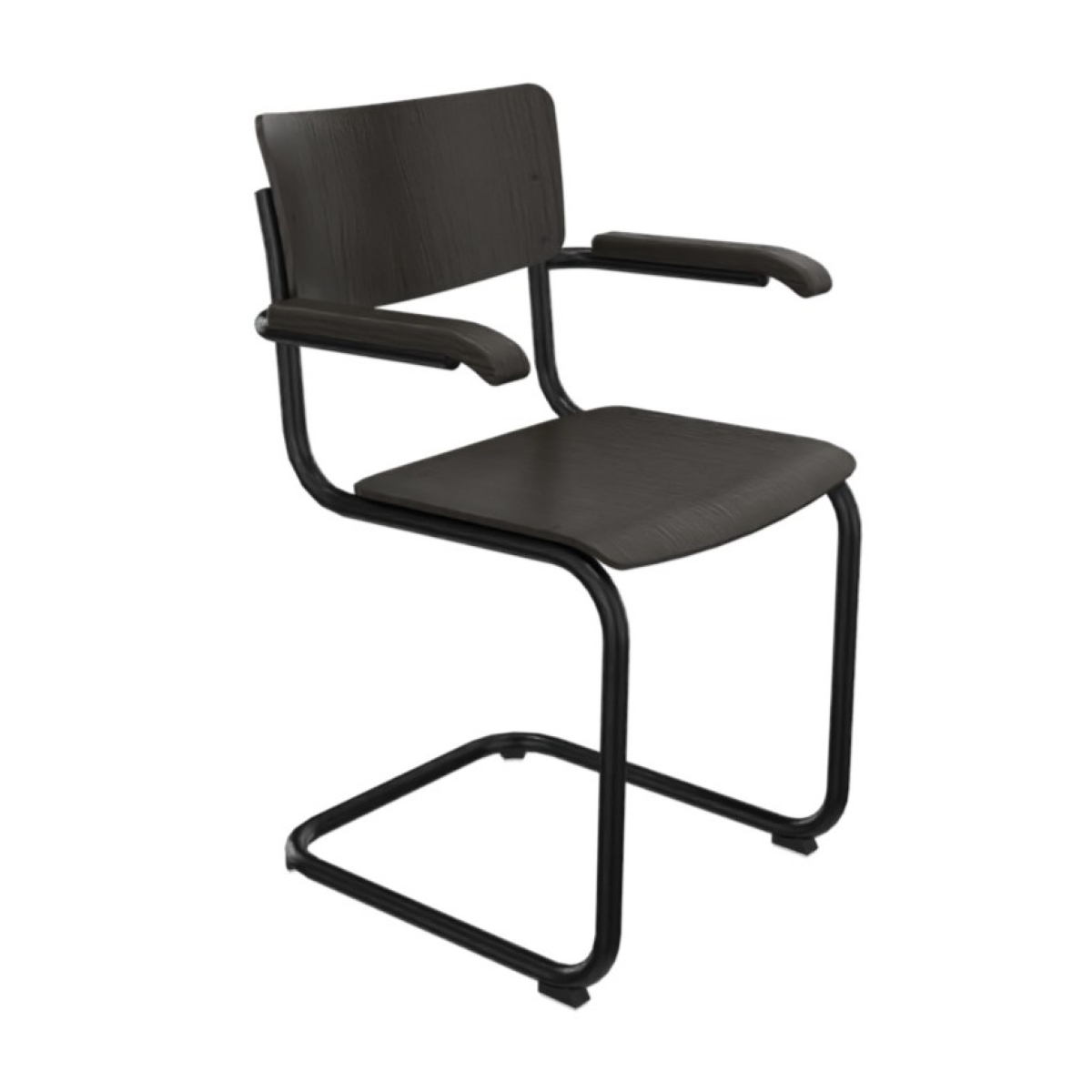 Preview: Thonet S43 F Freischwinger mit Armlehnen, Sitzfläche Eiche schwarz gebeizt. Gestell Stahlrohr schwarz beschichtet