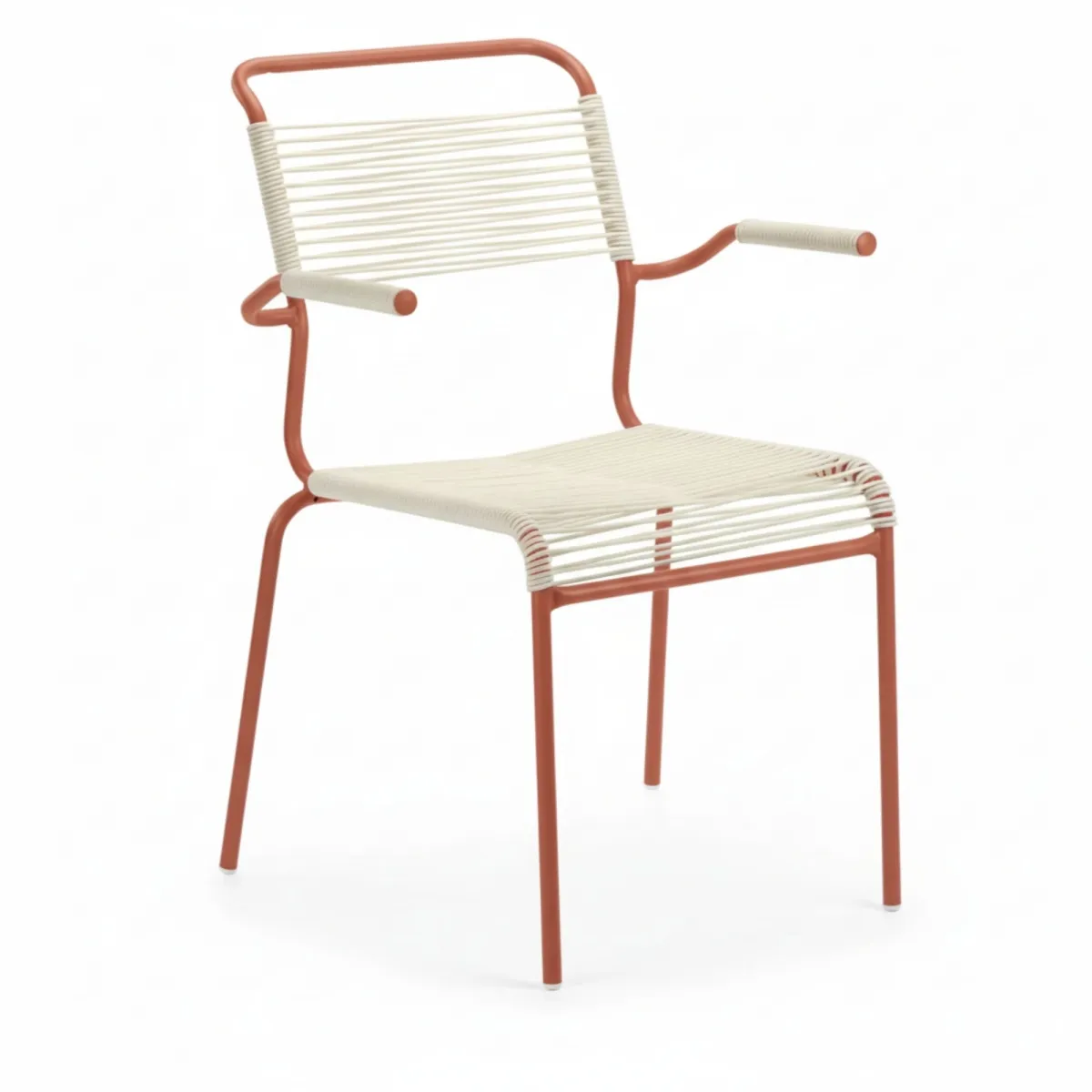 Schaffner Säntis Spaghetti Stuhl mit anthrazit farbenem OceanYarn und terracotta farbenen Gestell aus Stahlrohr