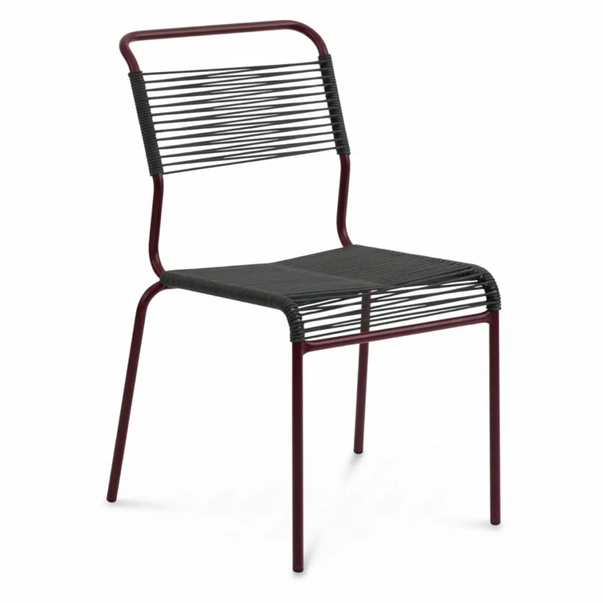 Schaffner Säntis Spaghetti Stuhl mit anthrazit farbener OceanYarn® Bespannung und bordeaux farbenem Gestell